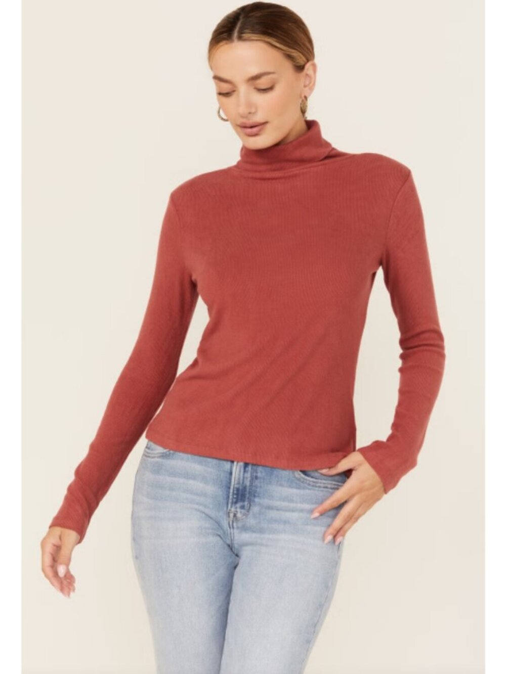 Miss Me - Rust Red Ribbed Turtleneck Top XL Fitted Long Sleeve Lightweight Comfy